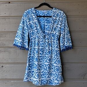 Blue Island Blue Floral Ikat Swim Coverup Dress Size XS 100% Cotton Beachy Boho